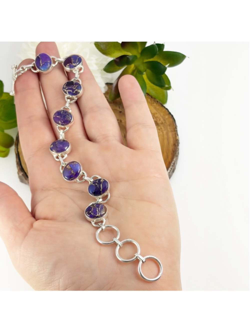 Genuine Purple Turquoise Bracelet 925 Sterling Silver New Boho Southwest Style - Picture 2 of 6